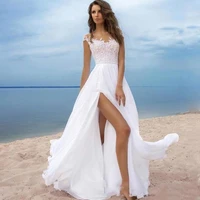 a line wedding dresses beach chiffon sheer neck lace appliques illusion cap sleeves hollow back high slits long bridal gowns
