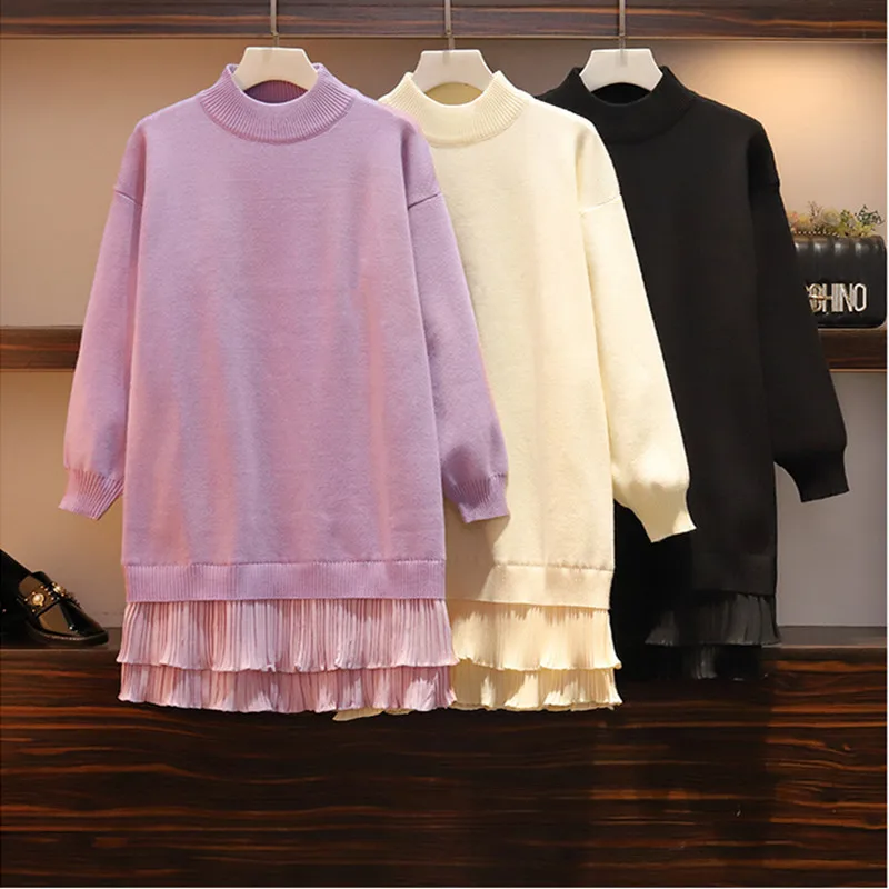 Платье большого размера осень зима однотонное длинное кружевное сшитое стильное