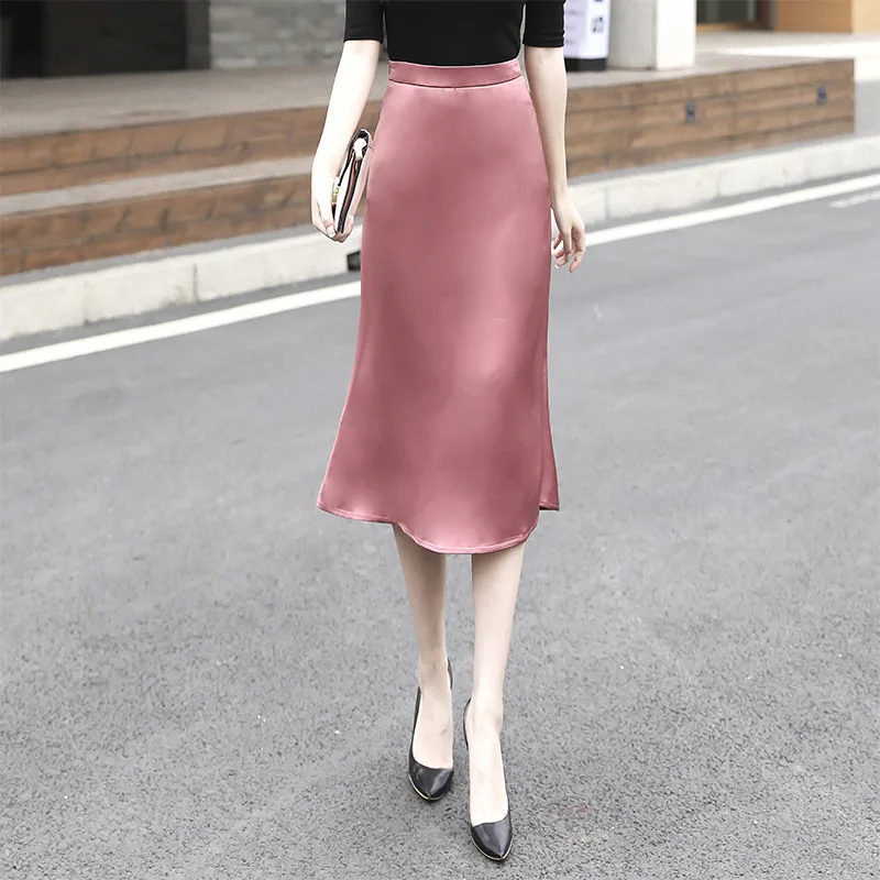 

Womens 2021New Summer Silk Midi Skirts Womens Korean England Style Satin Office Lady Simple Solid Elegant Faldas Mujer Moda