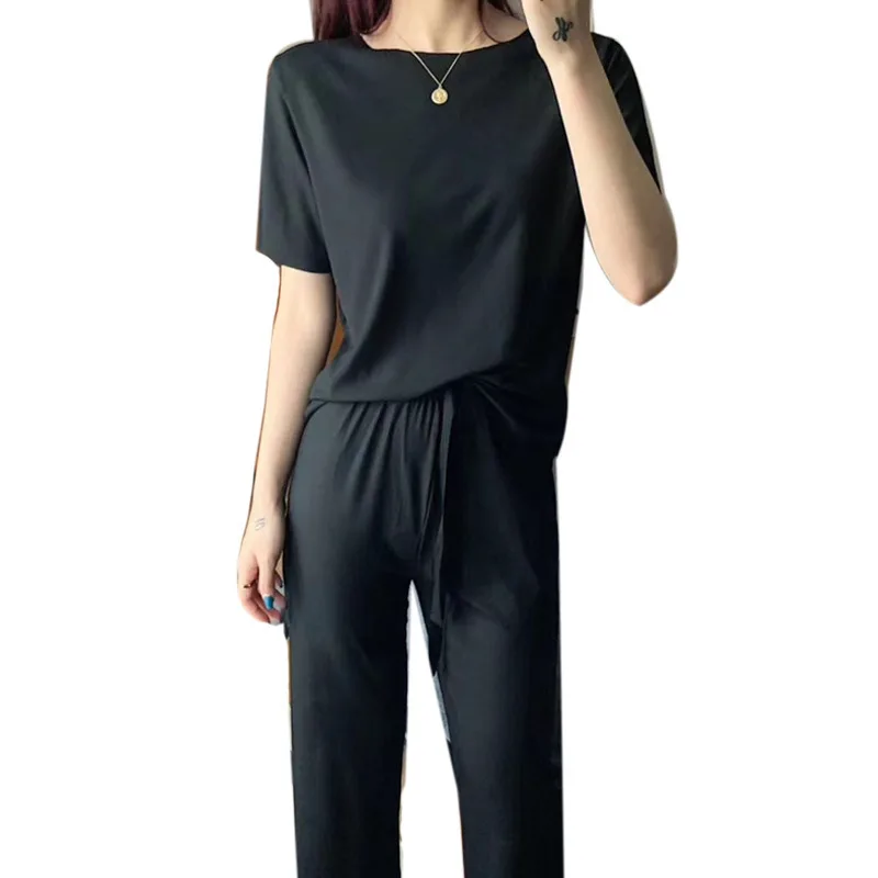 2021 Summer New Women's Pajamas Sets Casual Ice Silk Short Sleeve Solid Color Loose Fashion Home Clothes Female Sleepwear