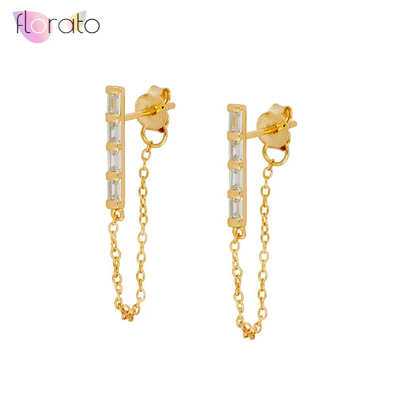 

925 Sterling Silver Ear Needle Chain Stud Earrings for Women Cute Zircon Gold Silver Chain Stud Earrings Fashion Jewelry