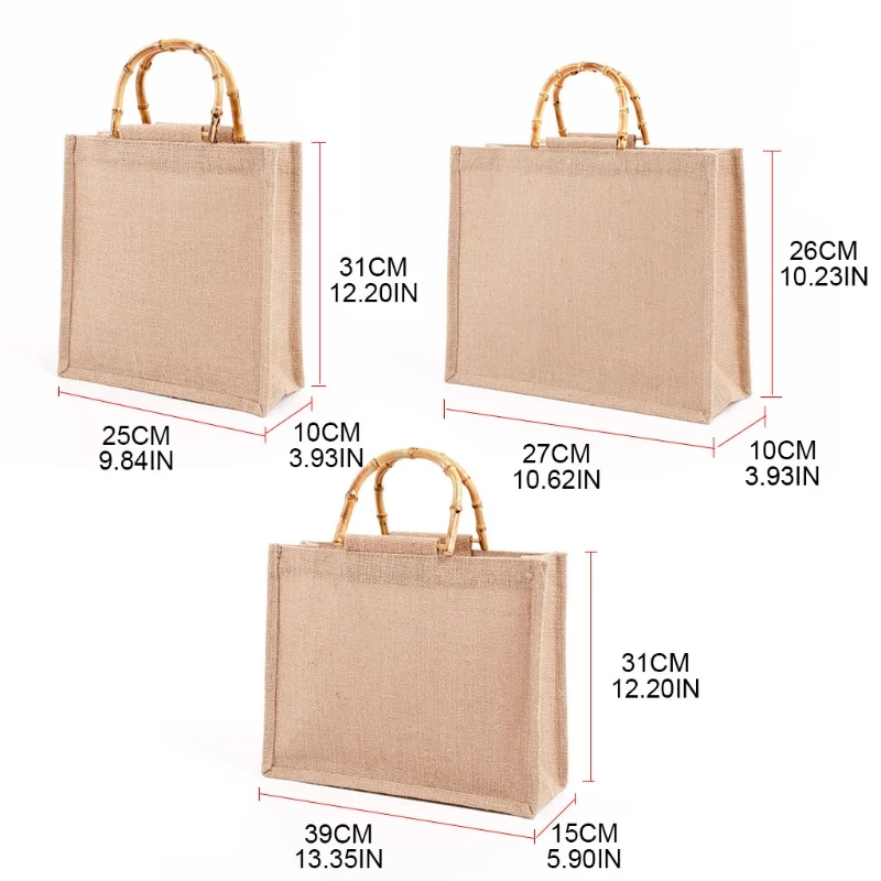 

Portable Burlap Jute Shopping Bag Handbag Bamboo Loop Handles Reusable Tote Grocery Bags for Women Girls