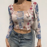 zovsv floral print mesh transparent sexy t shirt women autumn flare sleeve cropped top t shirt y2k grunge aesthetic tees