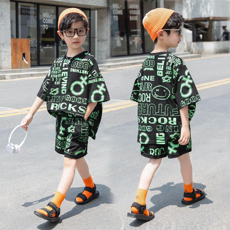 

Children Clothes Fashion Summer Boy Sets Teenage Boys Clothing Boys Hiphop Korean Casual T-Shirt Shorts 2Pcs Sets 12 to 14 year