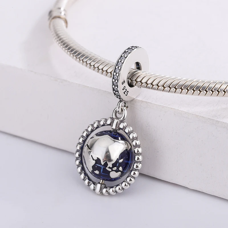 

925 Sterling Silver Ocean Blue Rotating Earth World Globe Charm Pendant Bracelet DIY Jewelry Making For Original Pandora