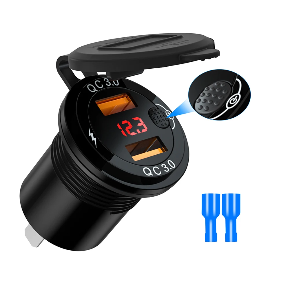 

Universal Car Charger 12-24V Car Lighter Adapter Dual USB Fast Charging w/ Voltmeter Switch Waterproof for iPhone Samsung Huawei