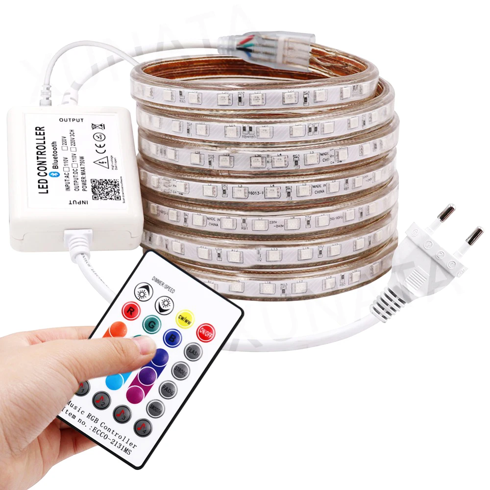 100mMusic RGB LED Strip Light 220V AC Remote Control 5050 SMD 60LEDs/m Waterproof IP67 Flexible Tape Outdoor Home Decoration | Лампы и