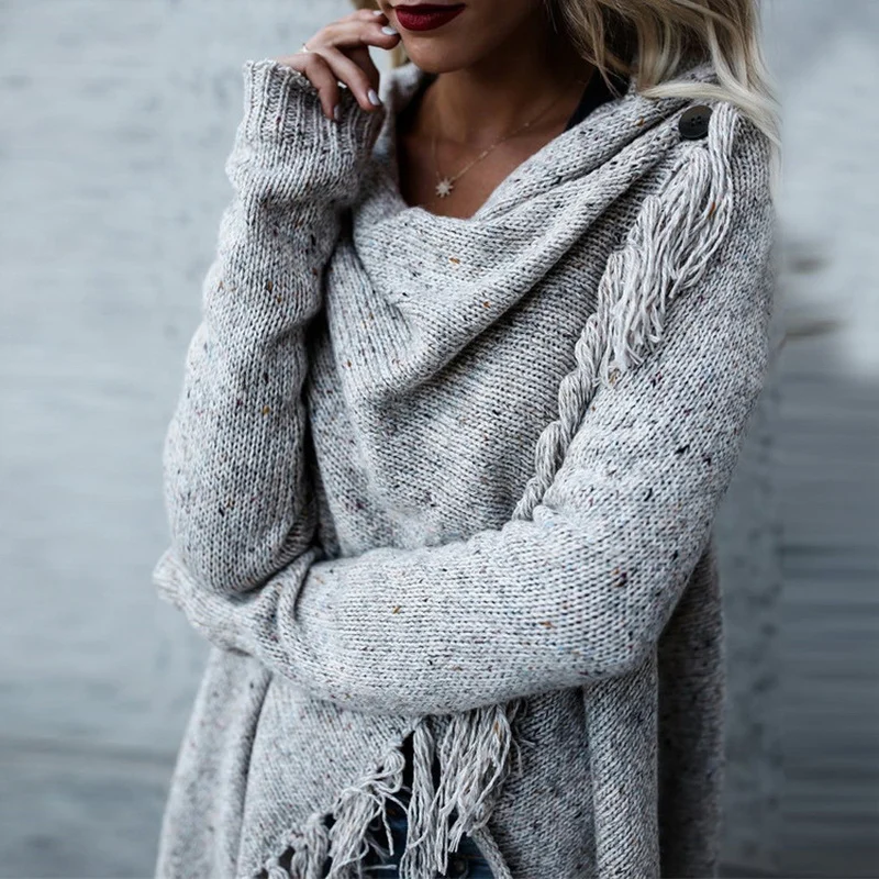 

Women Sweater Autumn Winter Oversized Fringed Shawl Grey Pullovers Women Fashion Knitted Mid-length Cardigan Cloak Sweaters