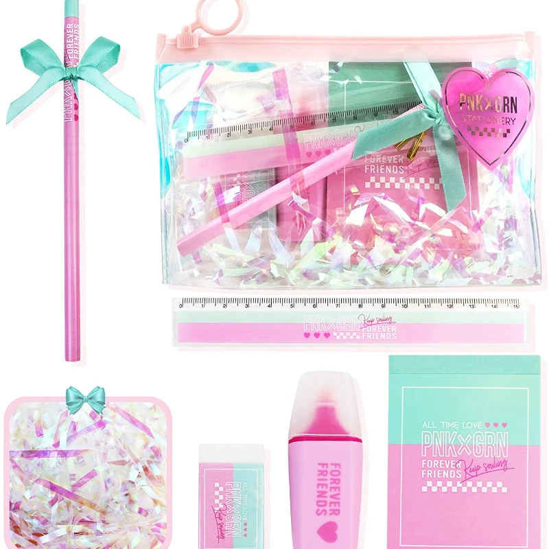 

QSUM Girls Pencil Case, Cute Vinyl Pencil Case Back to School Gift, includes Eraser, Ruler, Marker (Pink)