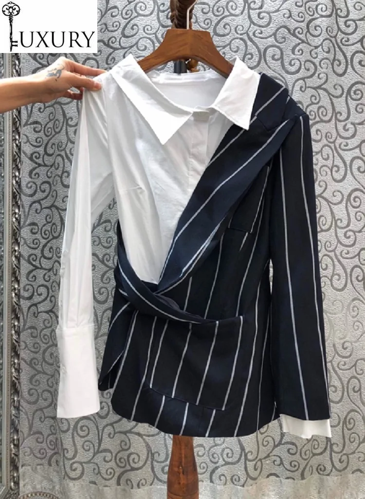 Quality Tops Blouse High 2020 Spring Elegant Work Shirts Women Turn-down Collar Striped Print Patchwork Long Sleeve Shirt Female