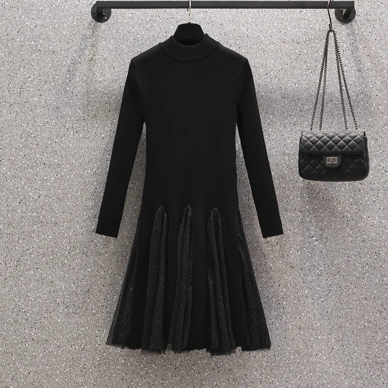 

M-4XL 2021 autumn winter elegant vintage kintting thick dresses long sleeve half turtleneck fashion mesh Patchwork dress women
