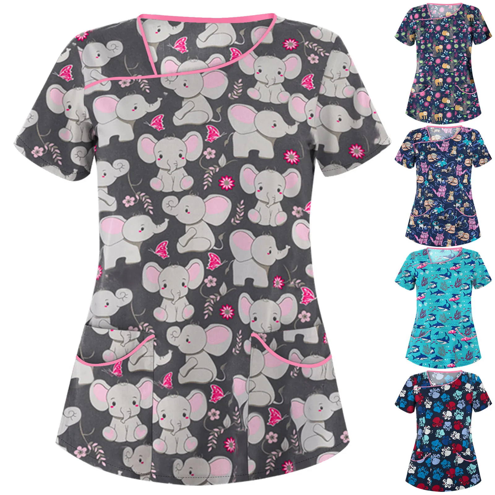 

2021 New Cute Women Fashion Animal Print Short Sleeve Neck Tops Nursing Working Uniform Casual Blouse Work Shirt Рабочая Одежда