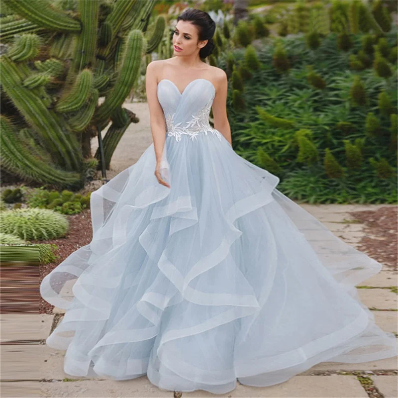 

Light Blue Sweetheart Wedding Dresses 2021 Sleeveless Tulle Appliques A-line Backless Bridal Gowns Vestidos de Noivas Plus Size