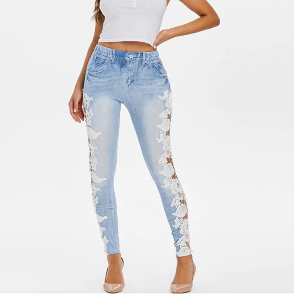 

Vogue Women Fashion Side Lace Jeans Hollow Out Skinny Denim Jeans Woman Pencil Pants Patchwork Trousers For Women