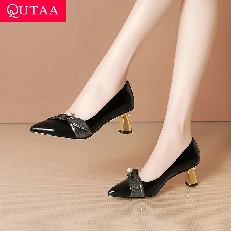 

QUTAA 2021 Pointed Toe Summer String Bead Female Pumps Soft Genuine Leather Women Shoes Concise Square High Heels Size 34-40