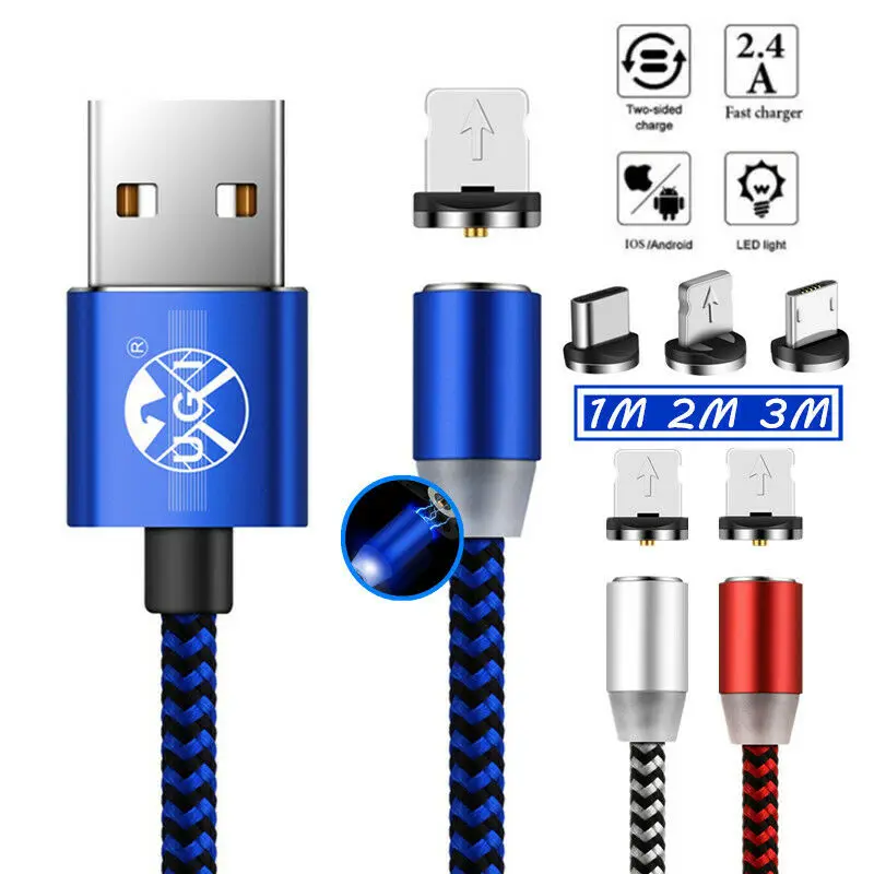 Магнитный 360 ° 1 м 2 3 Micro usb type C iOS 2.4A светодиодный кабель для быстрой зарядки htc huawei