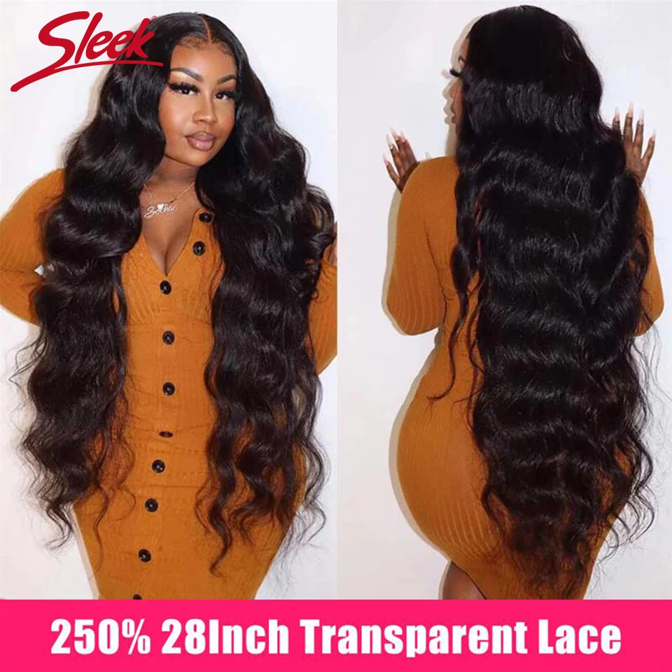 

Sleek Body Wave Lace Front Wig Transparent Lace Frontal Wigs T Part Remy Peruvian 28 Inch Long Wavy Body Wave Human Hair Wigs