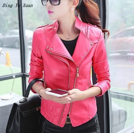 Ladies Faux Leather Motorcycle Biker Jackets Coats Spring Autumn Zipper Pockets Pu Leather Jacket Women Slim Fit Short Outerwear