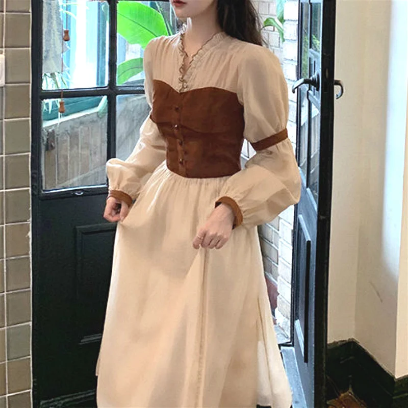 

Midi Dress Women V-neck Long Sleeve Retro Dress Female One-piece Dress Korean 2020 Autumn