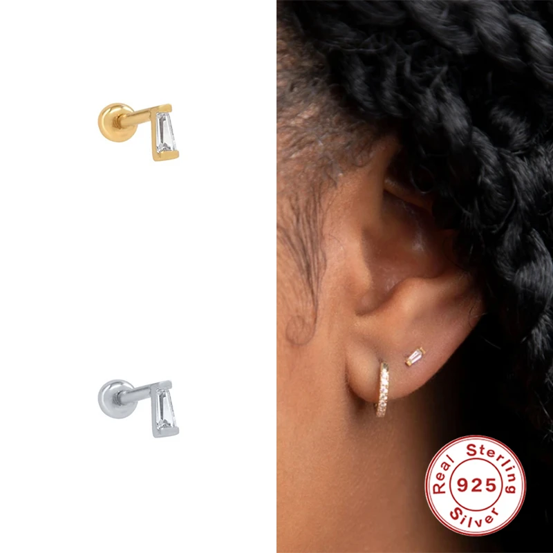 

Aide 2ps 925 Sterling Silver Inlaid Zircon Mini Piercing StudEarrings For Women Girls Cartilage Ear Bone earlobe piercing Buckle