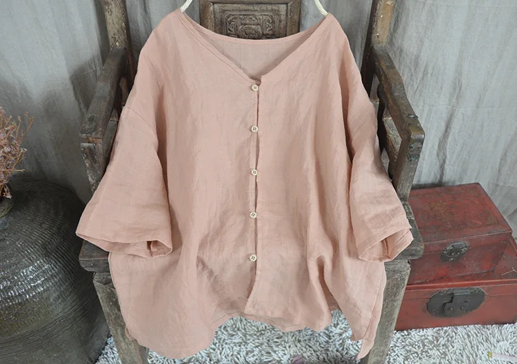 

Women Ramie 2020 Summer Shirt Ladies V Neck Threes Quarter Sleeve Ramie Shirts Tops Female Retro Loose Blouse