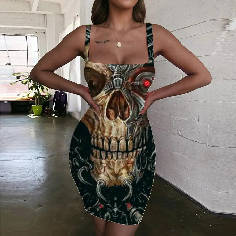 

Брендовое женское платье Giyu в стиле панк с 3D-принтом черепа, механическое облегающее платье, черные женские платья, металлический сарафан, ж...