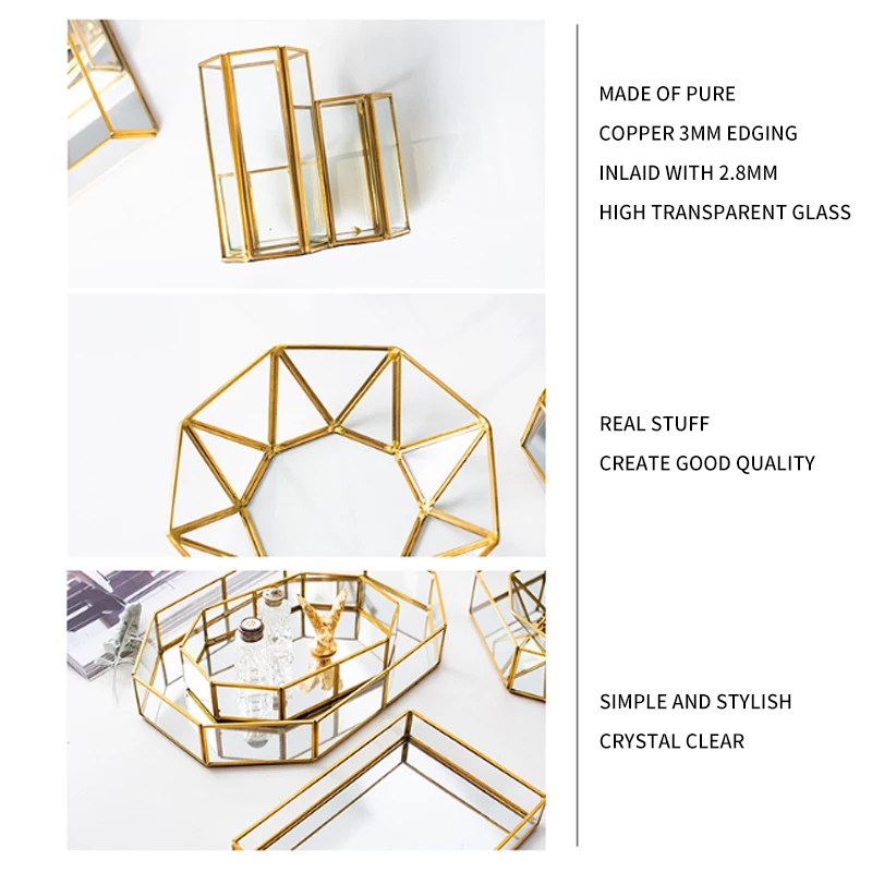 

Glass Copper Hexagon Ring Jewelry Necklace Storage Tray Pen Holder Makeup Brush Holder Box Desktop Organizer Office Accessories