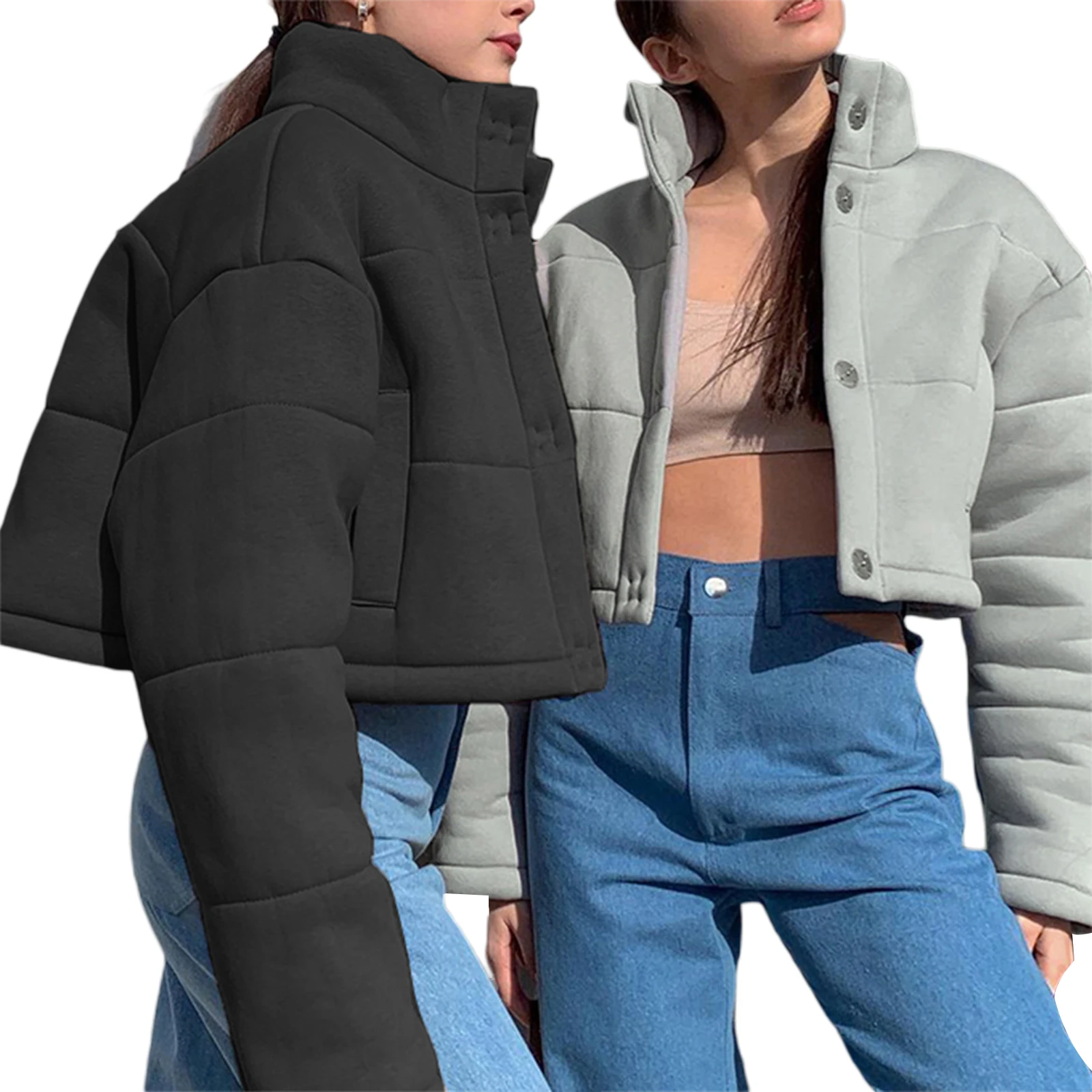 

Women Solid Color Down Jacket Stand-up Collar Button Open Front Overcoat