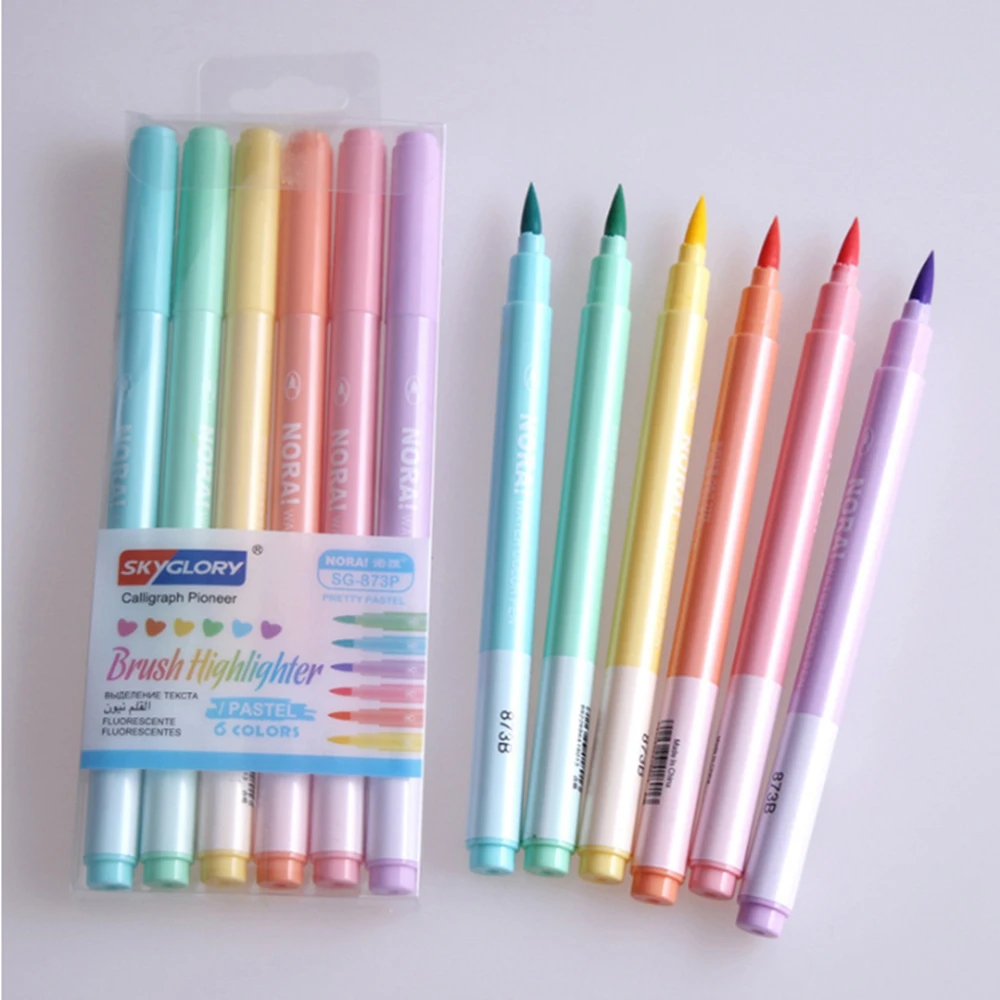 

6pcs Soft Brush Highlighter Pens Set Pastel Body Fluorescent Color Marker Pen for Drawing Painting DIY Diary Lettering Art