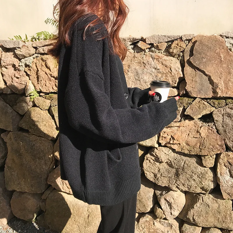 

New Korean Women Sweater Cardigans Solid Color V Neck Ladies Knitted Sweater Solid Color Harajuku Casual Loose Sweater Coat