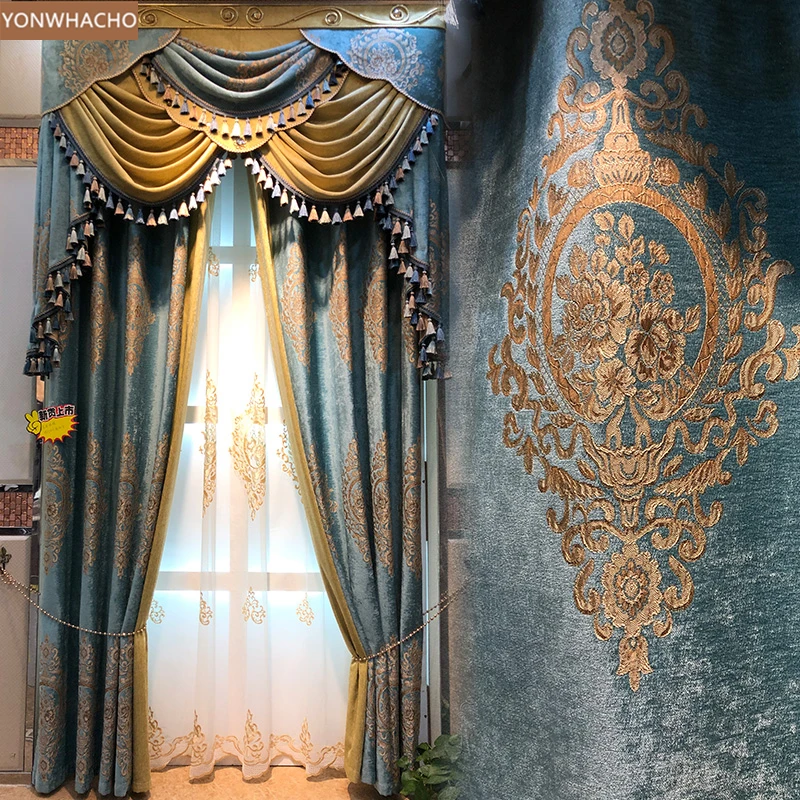 

Custom curtain high-window European thicken chenille luxury Jacquard blue cloth blackout curtain tulle valance drapes B613