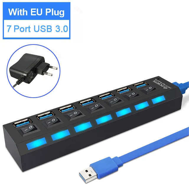 7 Port Black with EU USB 3,0 концентратор 2,0 концентратор Мульти USB разветвитель 4/7 порт расширитель несколько USB 3,0 Hab с адаптером питания USB3.0 концентратор с переключателем для ПК - Цвет: 7 Port Black with EU