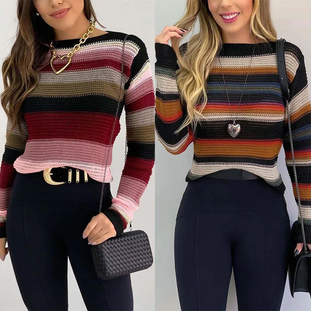 

Autumn Winter Sweater Women New Casual Contrast Striped O-Neck Long Sleeve Slim Pullover Knitted Tops Streetwear Ladies Sweater