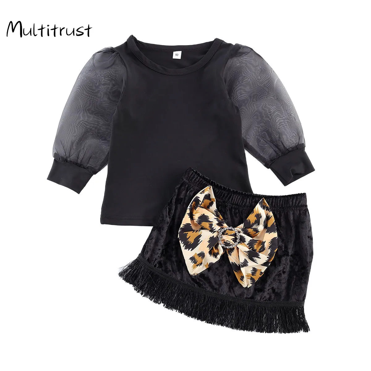 

Boutique Gifl Clothes 2 Pieces Kids Suit Set Solid Color Round Neck Long Sleeve Top+ Leopard Bowknot Skirt 2-6Y