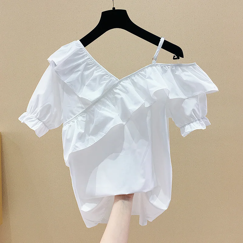 

White Shirt for Women Summer Short Sleeve Blouse Irregular Flounced Off-Shoulder Slim Solid Color Shirts Lady's Tops Blusas
