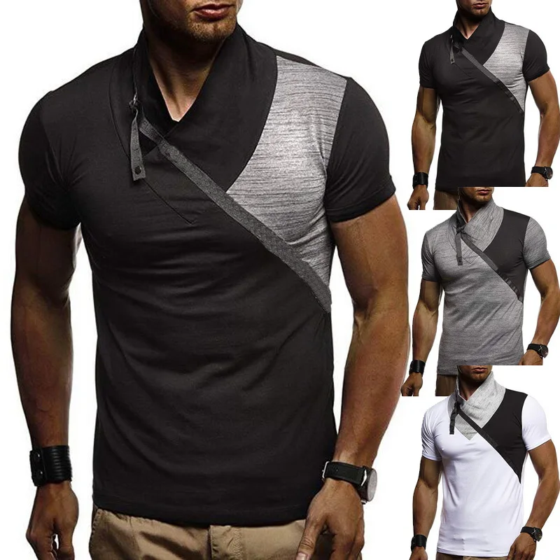

New fashion men's summer casual stitching v-neck T-shirt