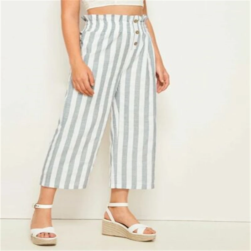 Высококачественные женские летние полосатые широкие брюки на пуговицах с