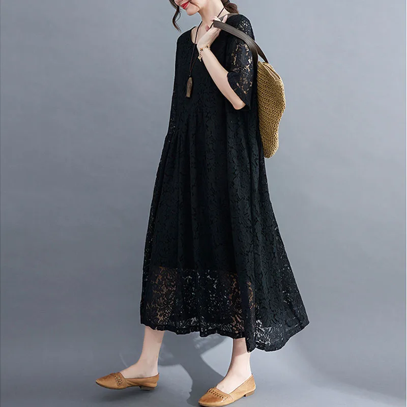 Цельнокроеное женское кружевное платье винтажное летнее свободное миди