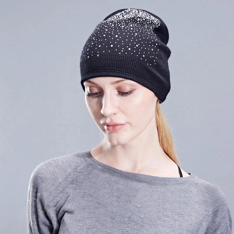 

Knitted Woolen Beanie With Diamond Soft Warm Hedging Cap Adjustable Head Circumference Hats For Women Cool Multi-color Headdress
