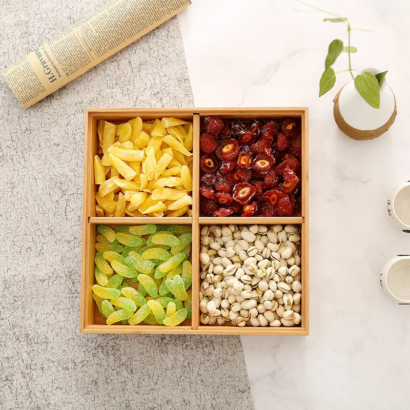 Мульти сетка бамбук твердой древесины сухофрукты лоток отсек с крышкой фруктами