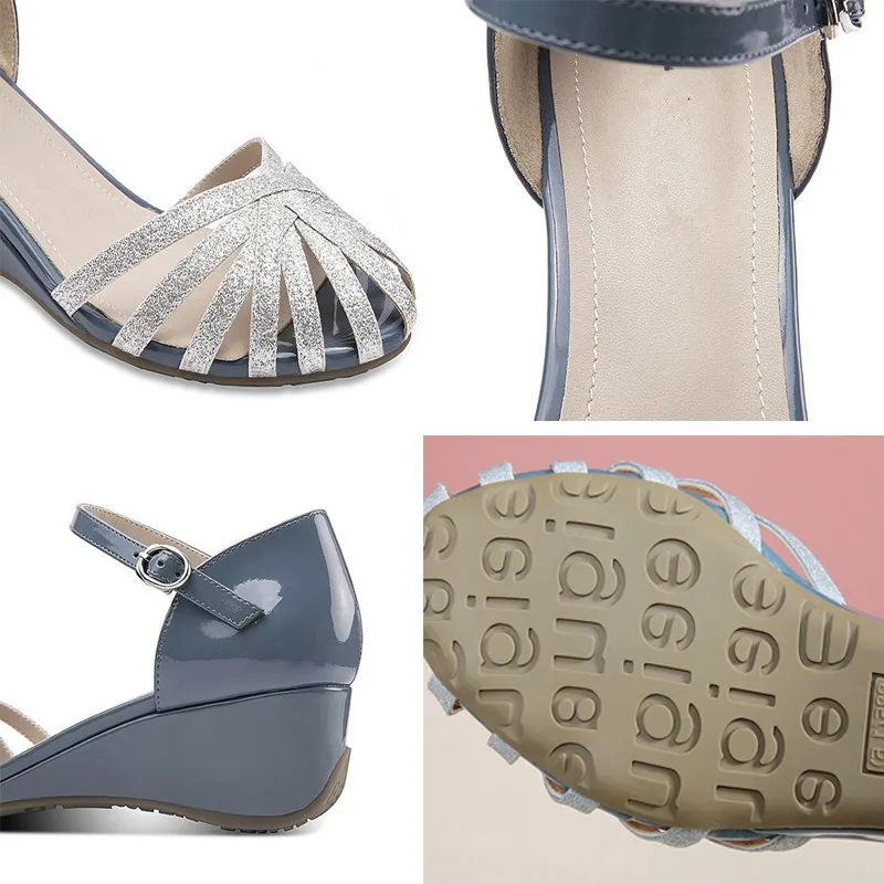 

PU Leather Buckle Strap Sandals Blue Bling Hollow Out Wedges Comfortable Women Shoes Elegant Breathable Height Increase Shoes