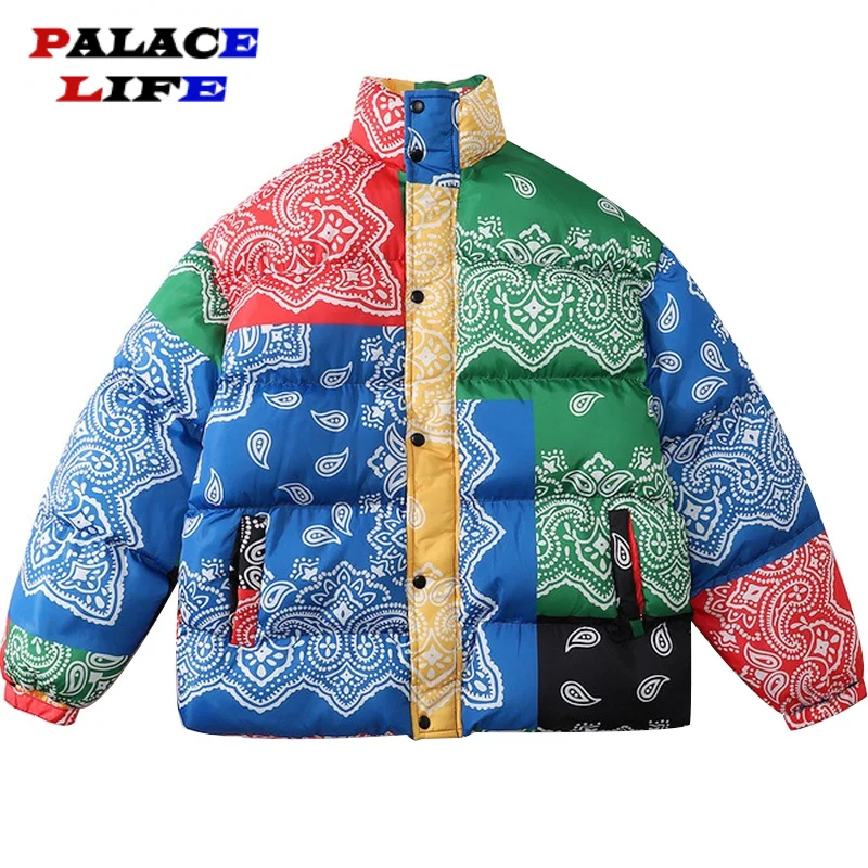 

Oversized Jacket Men Parka Vinatge Multicolor Totem Print Coat Winter Streetwear Fashion Warm Padded Jacket Loose Unisex Outwear