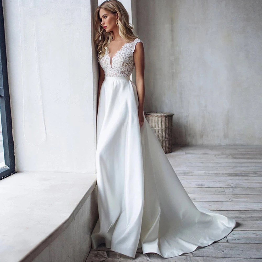 

Cheap Wedding Dresses Jersey Appliques Pleat Bateau Sleeveless Backless A-Line Bridal Gowns Novia Do 2021