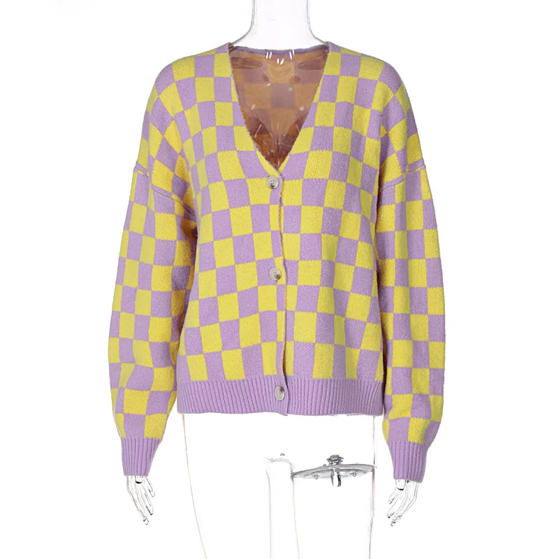 

Women's 2022 Autumn and Winter New Style V-neck Long-sleeved Single-breasted Knitted Cardigan Lazy Checkerboard Sweater Women