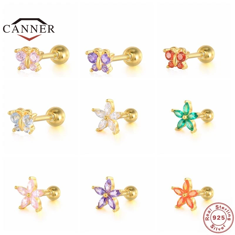 

CANNER Butterfly &Flower Colored Zircon Earring 925 Sterling Silver Stud Earrings for Women Piercing Earring Jewelry Pendientes
