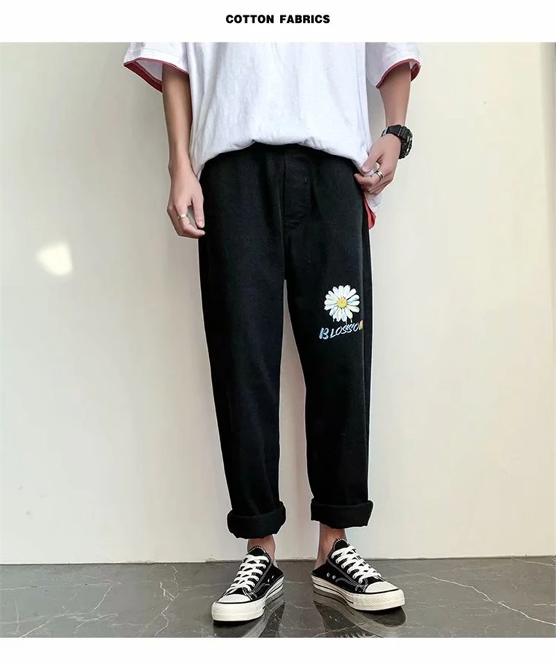 

New Classic Men Casual Embroidered Nostalgic Casual Jeans Pants Light Blue Harlan Pants Vintage Button Male Denim Trousers
