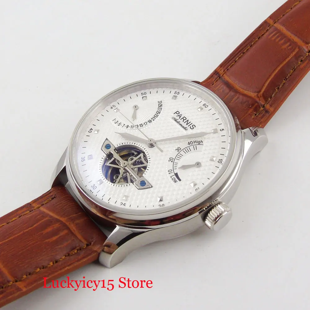 PARNIS 43mm Automatic Men Watch White Dial Date Function Deployment Clasp ST2505 Movement Power Reserve Indicator Leather Strap | Наручные