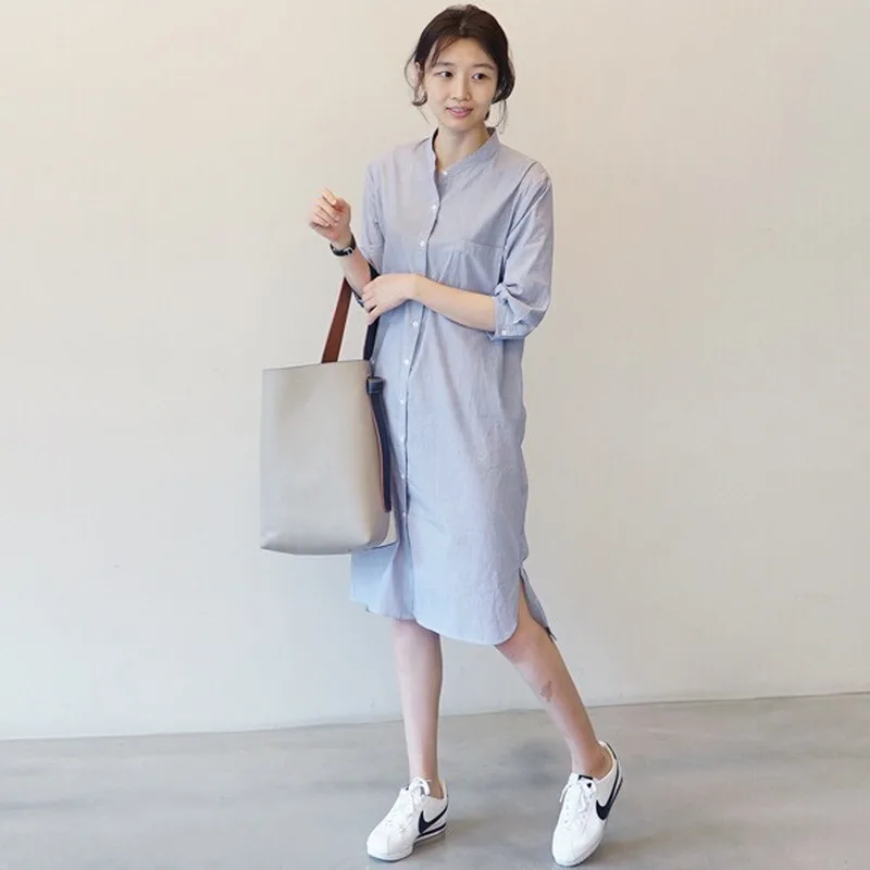 

Casual A Line Women Dress Ladies Long Sleeve Stand Collar Fashion Party Dress Spring Summer Elegant Long Stripe Shirt Dress