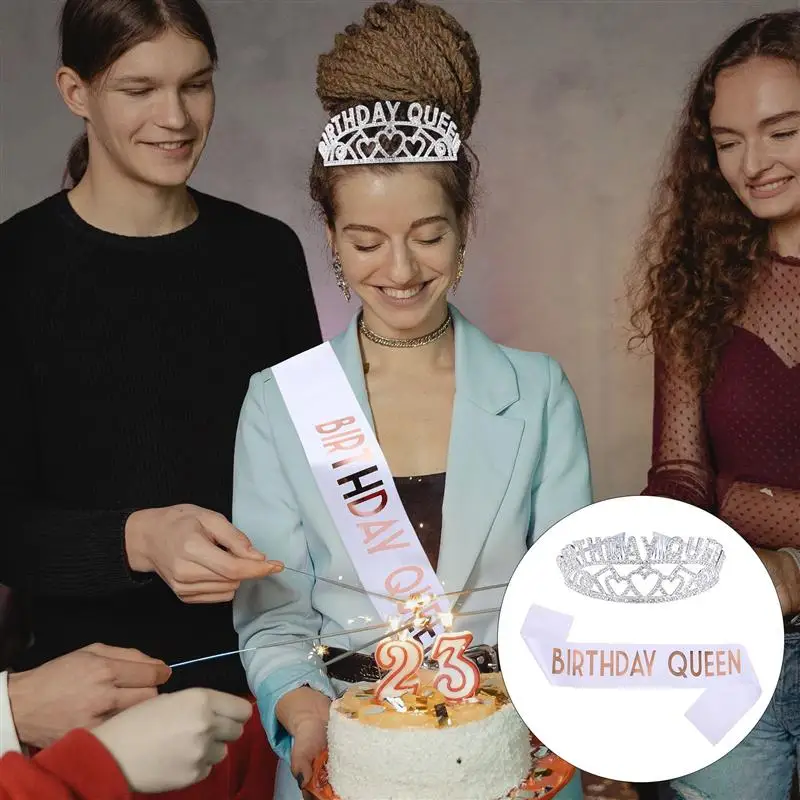 

Birthday Headband Crown with Sash Girls Party Tiara Decoration Photo Props