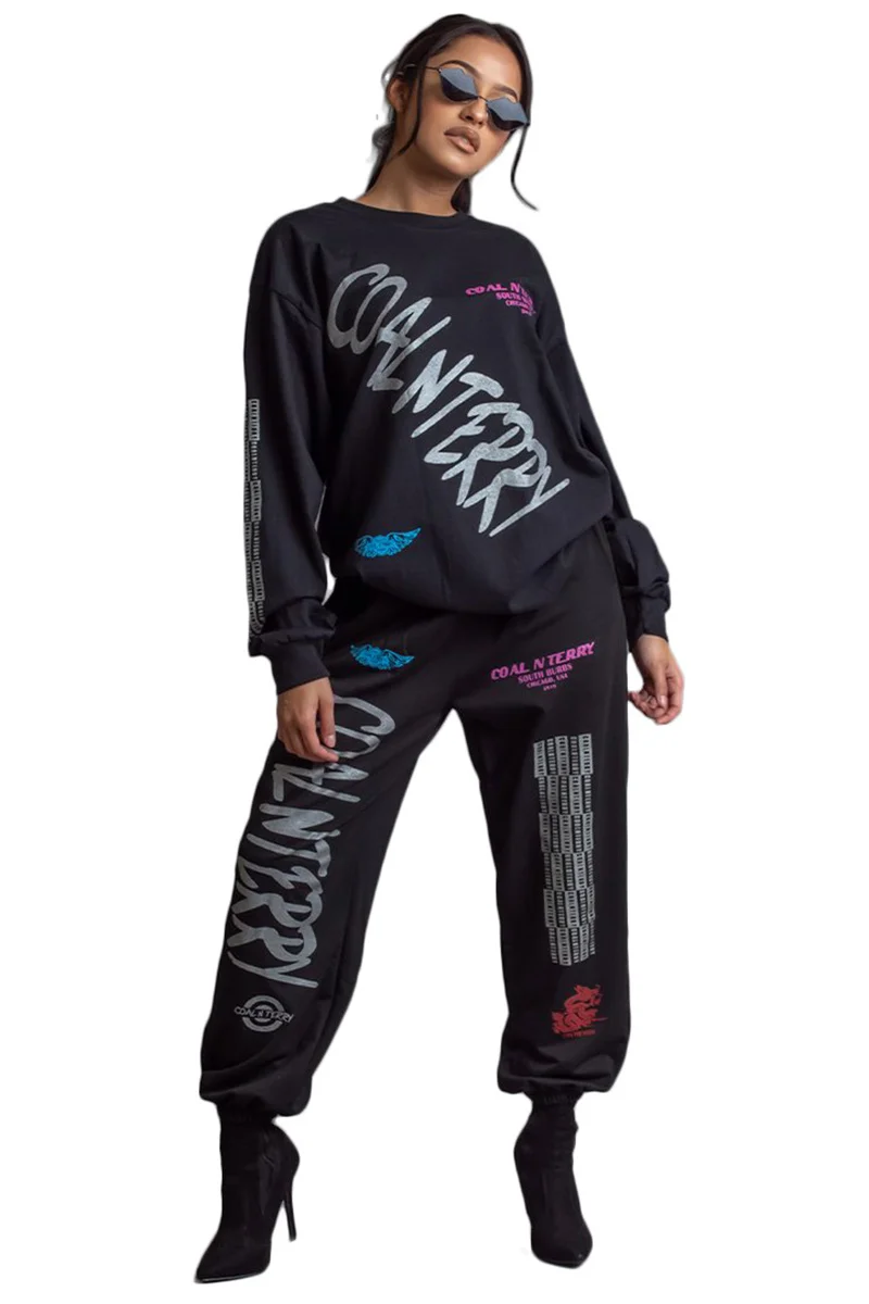 

RStylish Autumn Women Clothes Streetwear Black Letter Print Long Sleeve T Shirt Loose Fitting Pants Two Piece Set